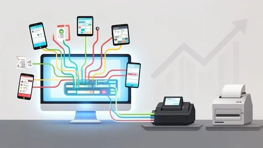 Diagram showing transition from chaotic tablet orders to unified online order management system.