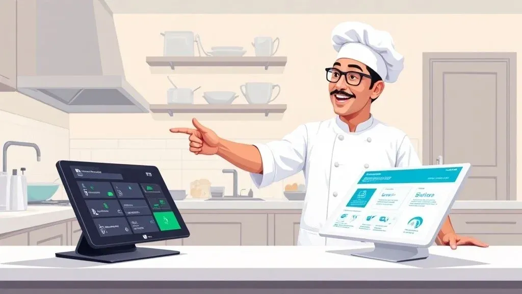 Restaurant manager using POS tablet to manage orders and payments in a small restaurant.