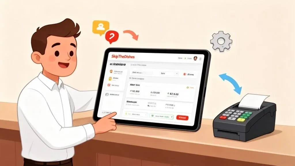 SkipTheDishes restaurant portal dashboard showing orders, analytics, and menu management.