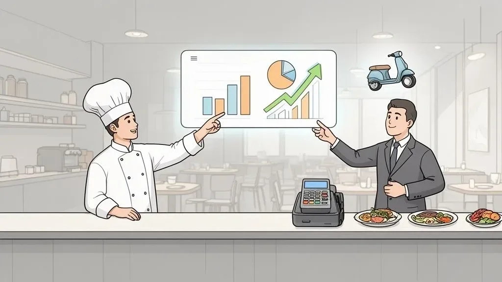 Tablet showing restaurant data analytics dashboard for improved restaurant profitability.