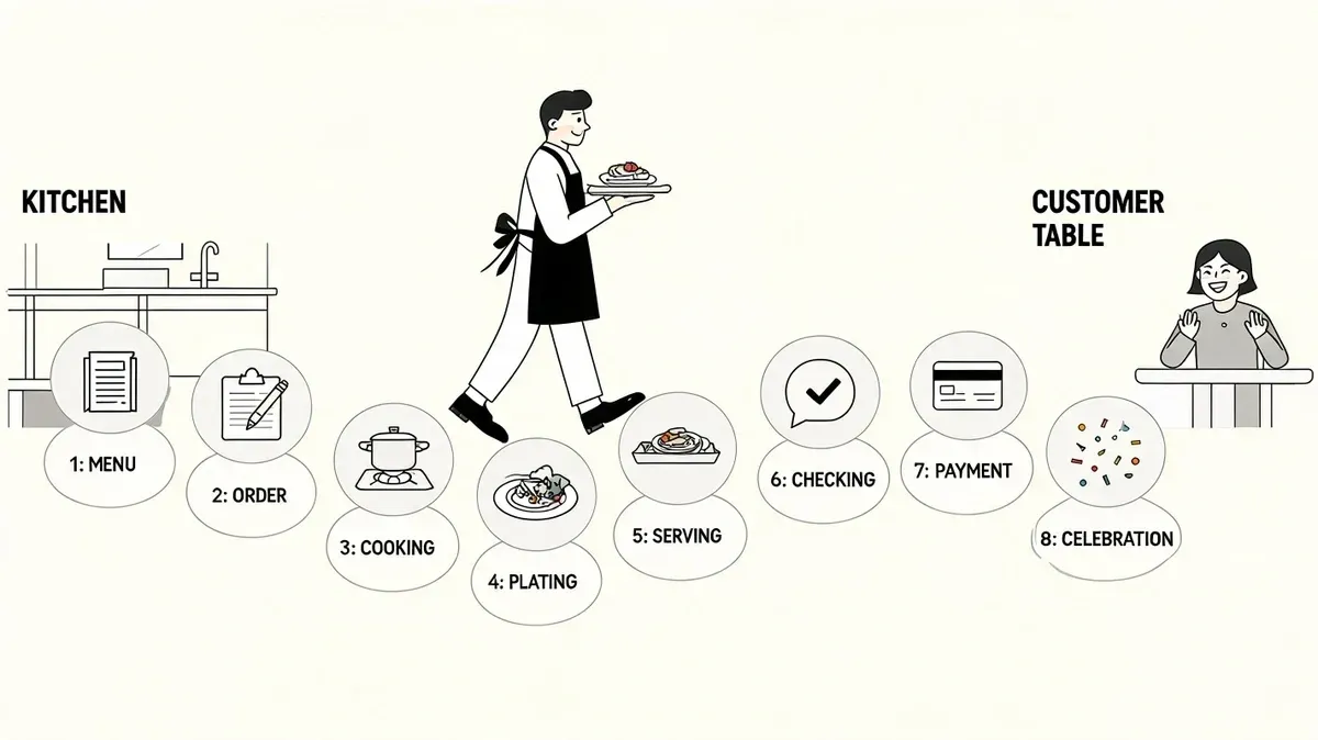 Visual guide showing kitchen icons for delivery service steps in modern restaurant operations.