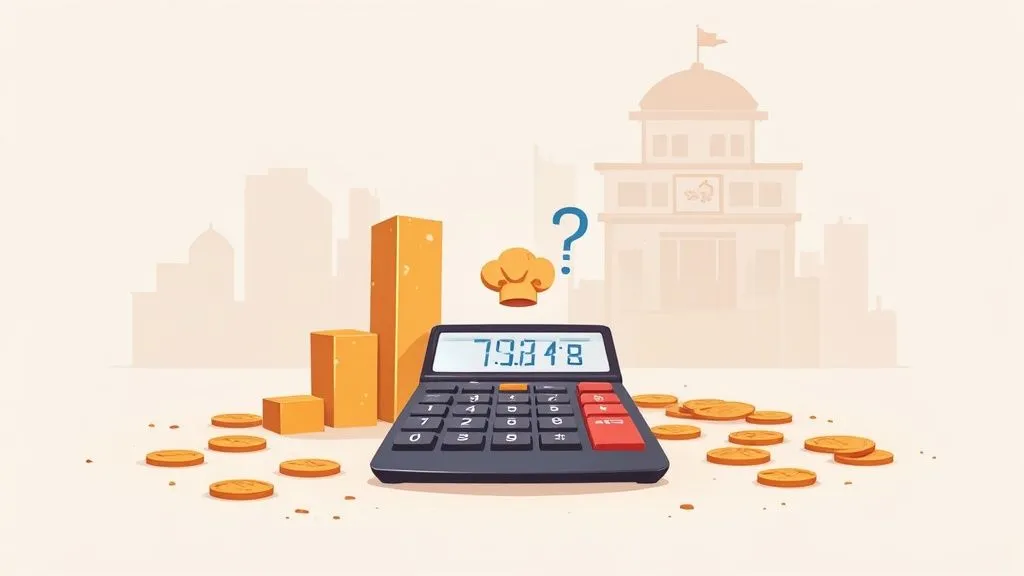 Calculator with coins and restaurant symbols illustrating how to calculate and improve restaurant profit margins.