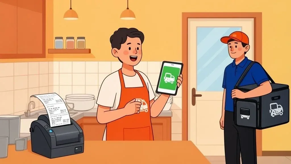 Restaurant delivery with Grubhub app showing order network and efficiency benefits.