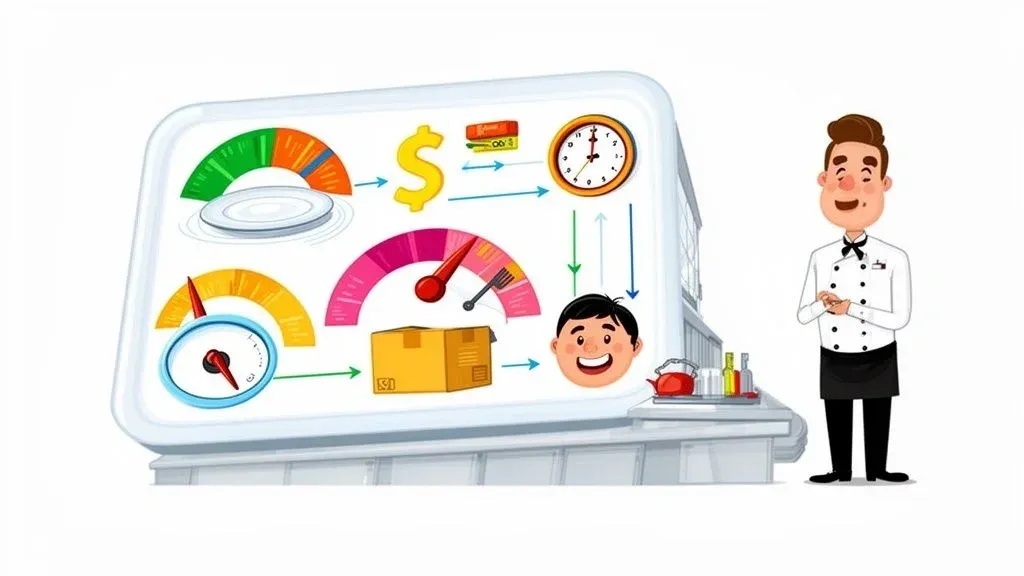 Restaurant performance dashboard illustrating key KPIs for sales, costs, and guest experience.
