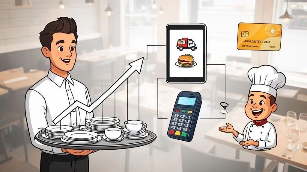 Flowchart of restaurant sales growth using menu, staff training, and POS technology.