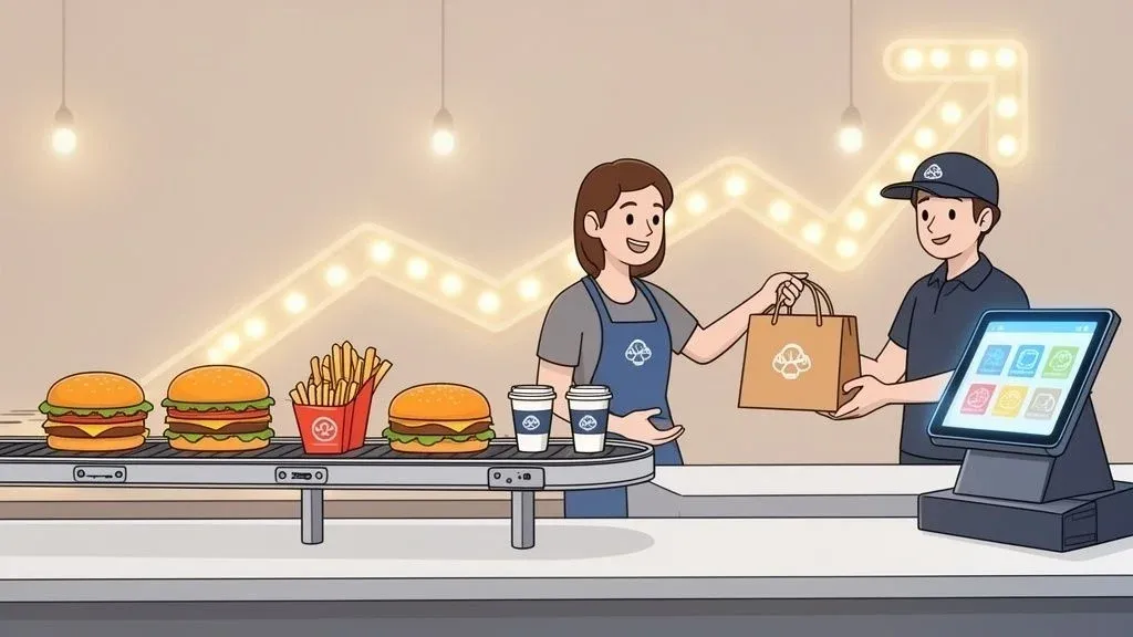 Staff member handing food bag over counter in a quick service restaurant