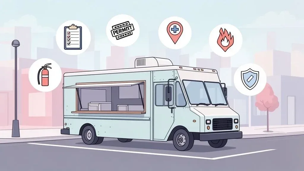Illustration showing key regulations for a food truck: permits, health, vehicle, and zoning compliance.