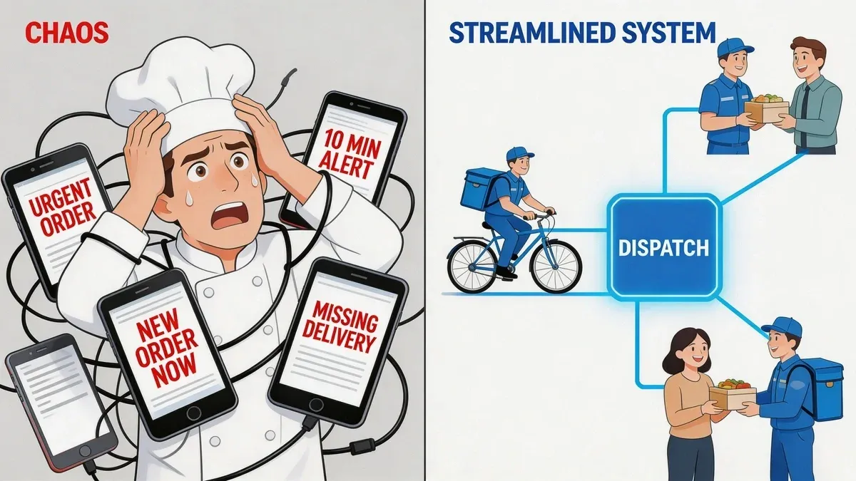 Overwhelmed restaurant worker managing multiple delivery tablets representing relay delivery app challenges.