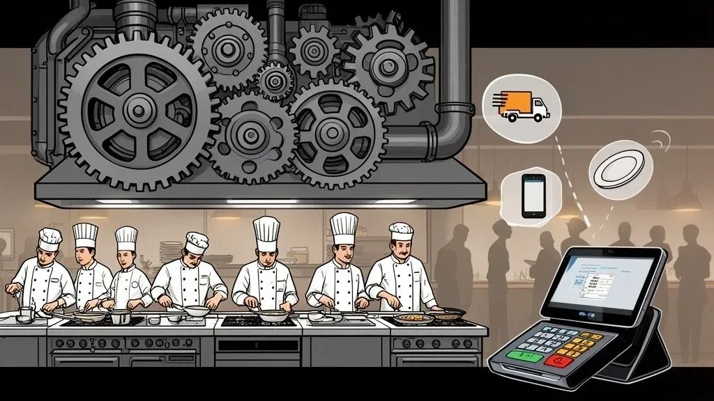 Back of the house restaurant operations including kitchen, dishwashing, and inventory areas.