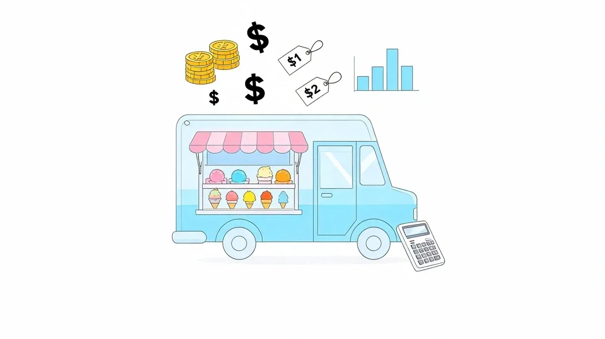 Ice cream cones with profit calculation highlighting ice cream truck pricing and profitability.