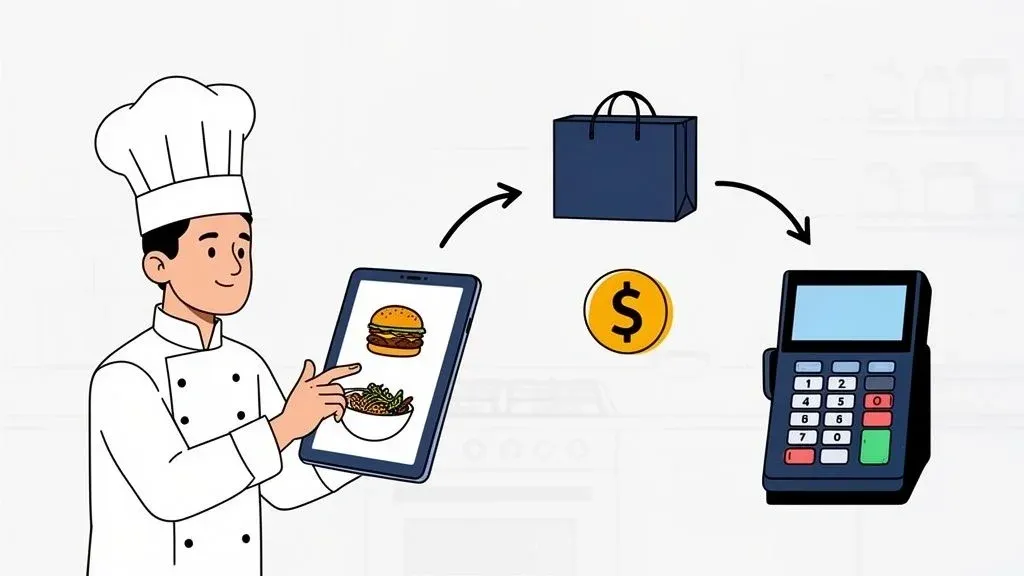Smartphone displaying a ghost kitchen delivery menu with diverse dishes and pricing.