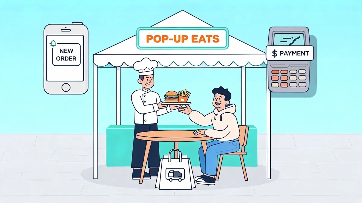 Colorful food truck pop-up restaurant serving customers in a temporary location.