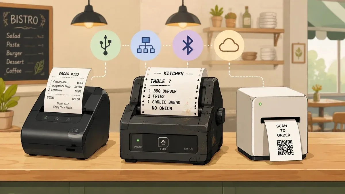 Comparison infographic of thermal and impact point of sales printers for restaurants.