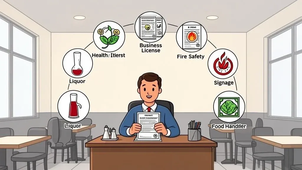 Essential permits for restaurant business including business license, food service license, and health permit