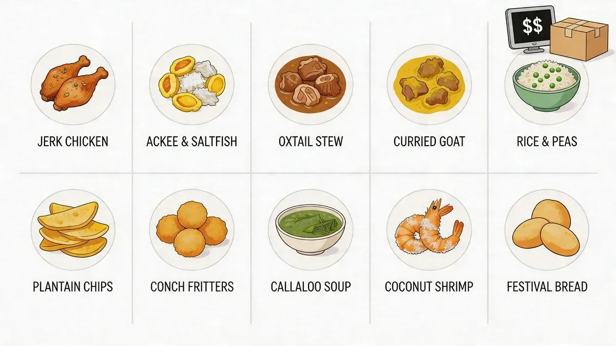 Traditional Caribbean dishes like jerk chicken, roti, and doubles optimized for menu and delivery.