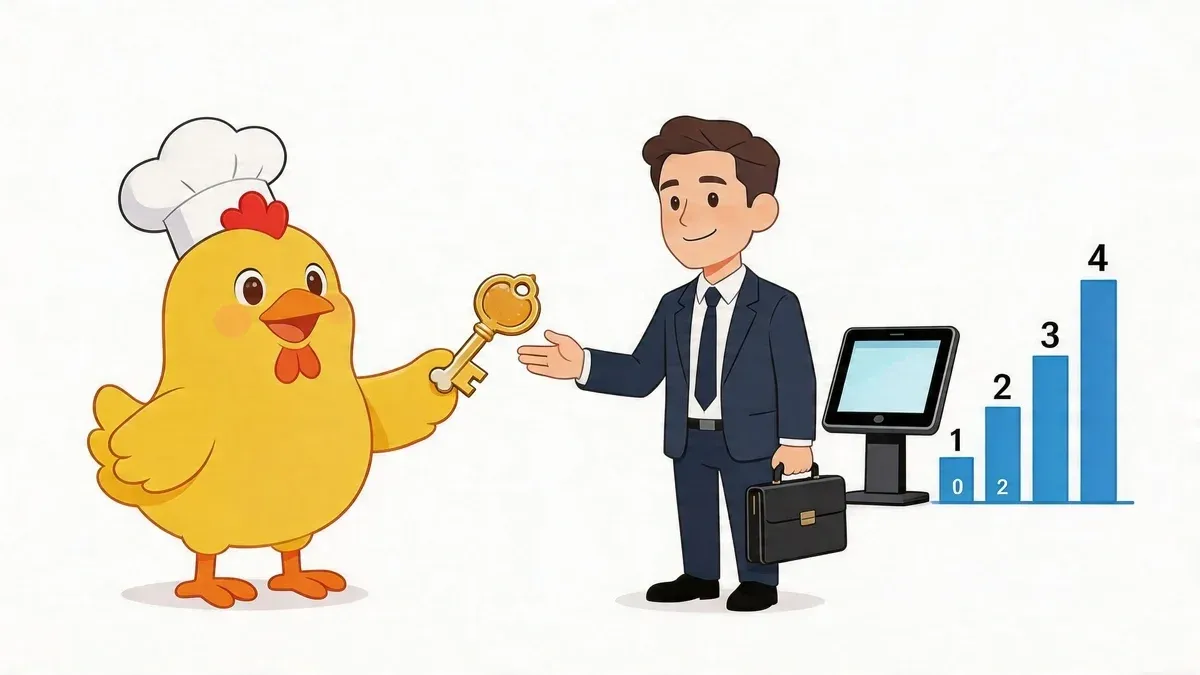 Business people running towards a giant fried chicken leg symbolizing franchise fried chicken success.