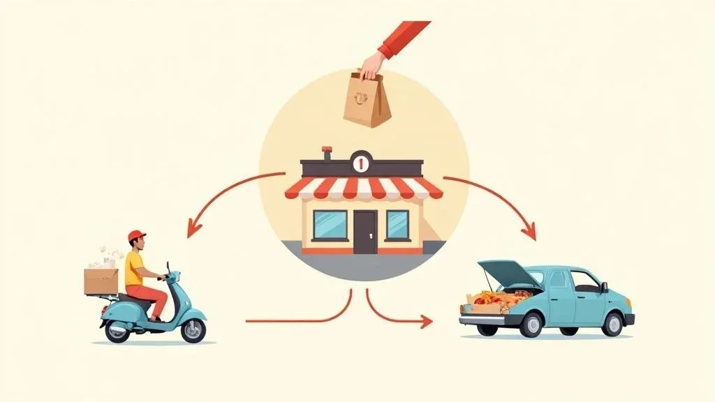 Illustration showing off-premise restaurant delivery and curbside pickup network.