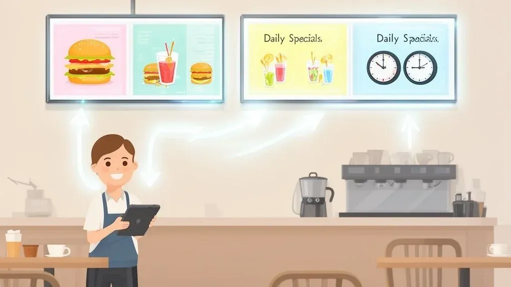 Digital menu boards software displaying dynamic restaurant menus with pricing and promotions.