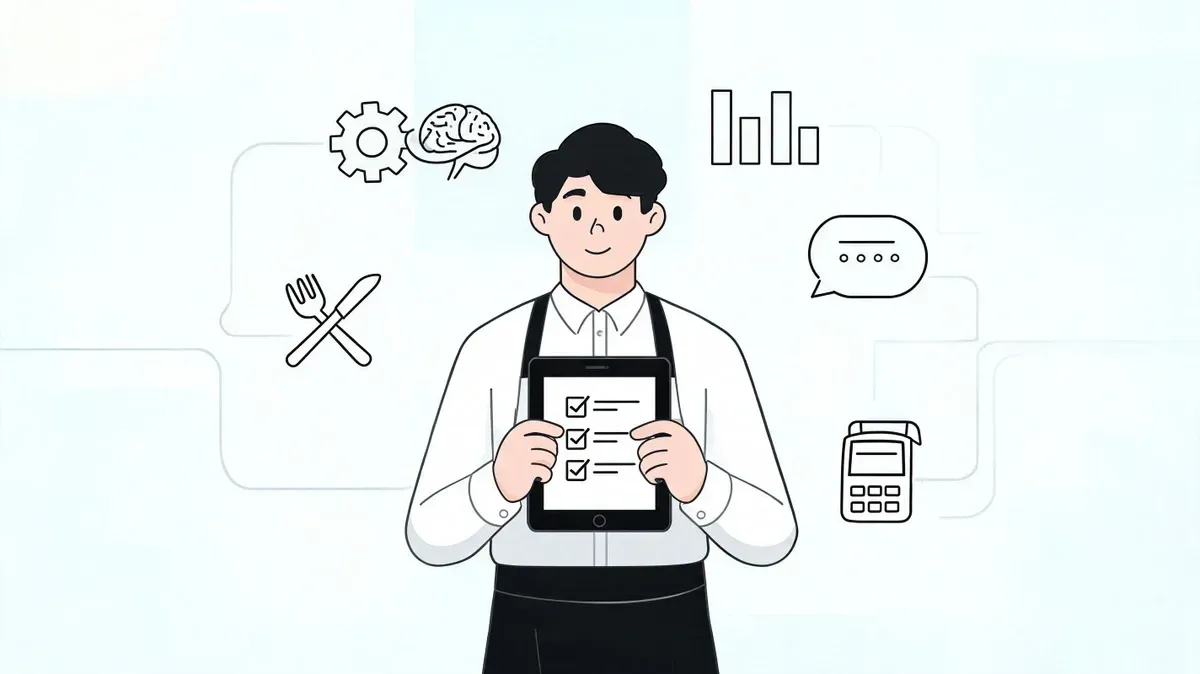 Job description of server in restaurant showing key duties and responsibilities on a tablet.