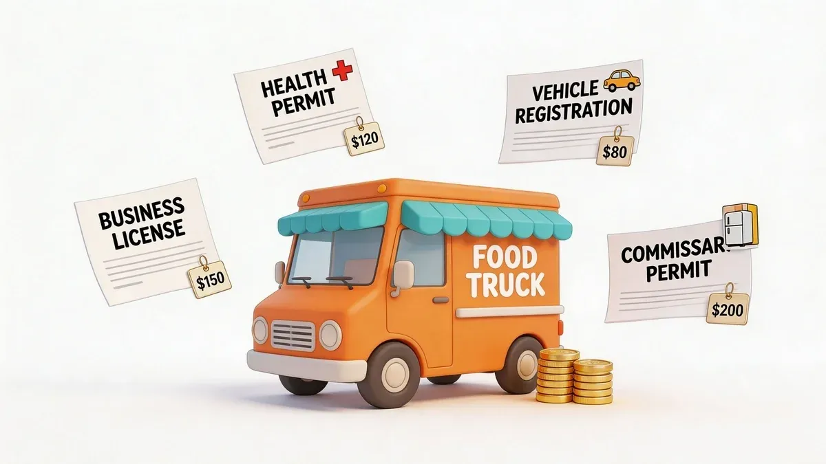 Food truck license cost checklist infographic showing essential permits and fees.