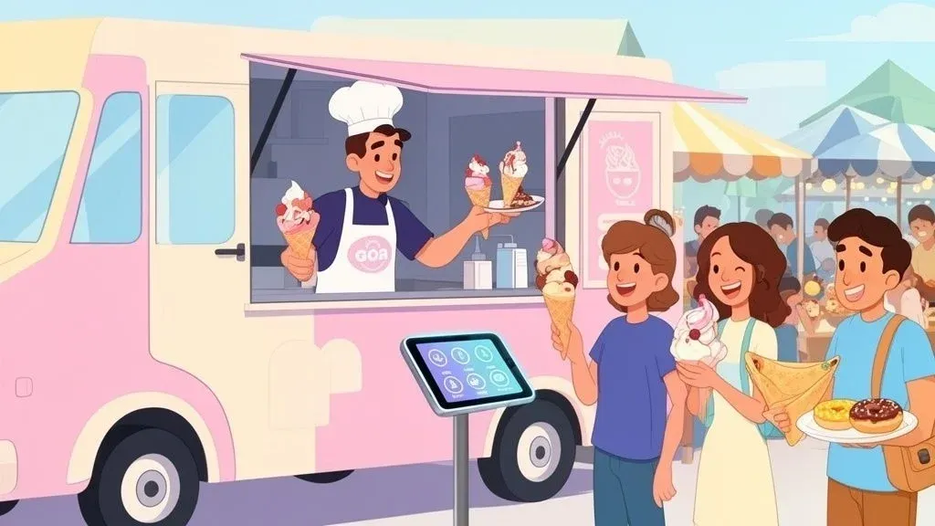 Dessert food truck with customers and upward sales growth graph.
