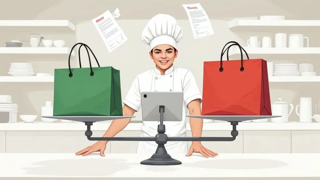 Cartoon chef balancing Uber Eats and DoorDash clipboards comparing food delivery services.