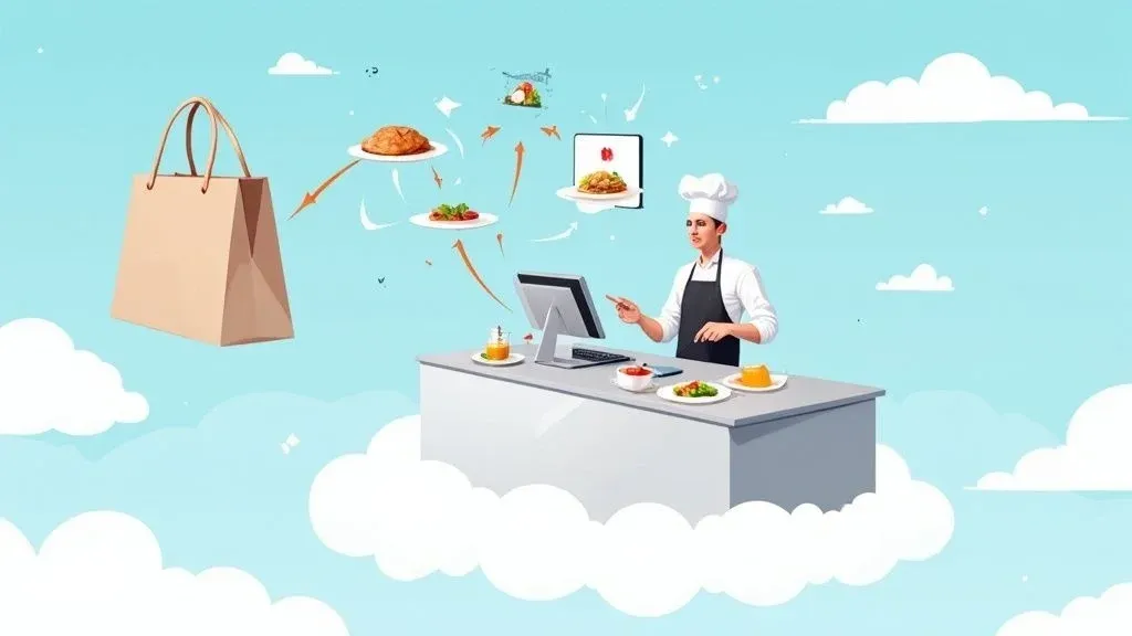Food delivery worker picking up order from a cloud kitchen staff at the counter.