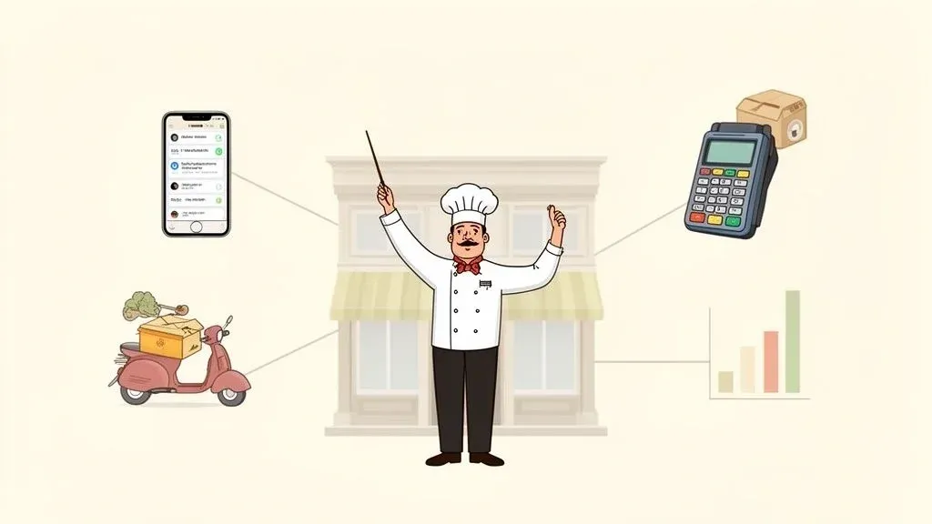 System of delivery flowchart showing integration of restaurant POS and third-party delivery apps.