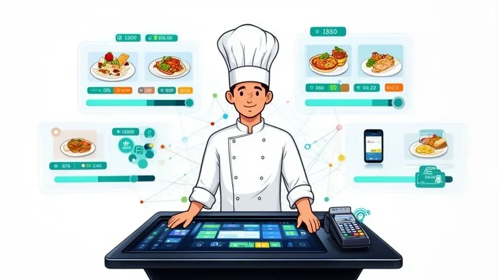 Menu design software ecosystem showing central hub with POS and delivery apps integration.