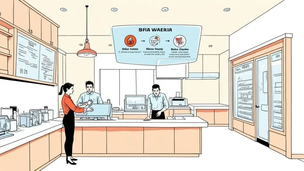 Restaurant manager using quick service restaurant software on a tablet to manage orders efficiently.