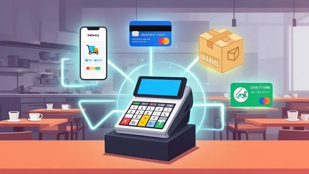 Integrated POS system connecting delivery apps, kitchen, and payment processors for restaurant efficiency.