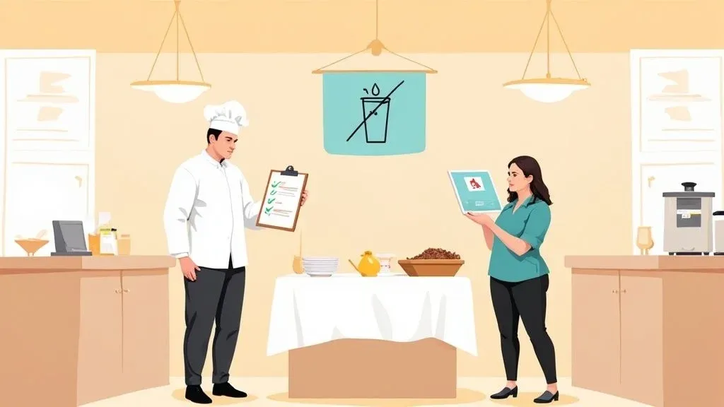 Chef celebrating with raised hands beside restaurant checklist ensuring SOP in restaurant efficiency.