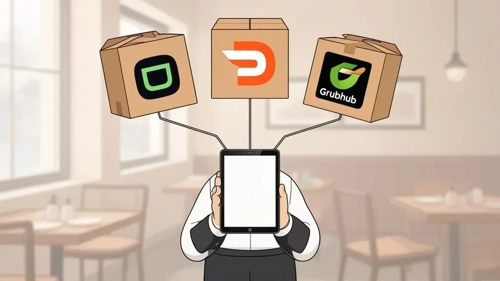 Cartoon of man choosing between Uber Eats, DoorDash, and Grubhub delivery platforms for restaurants.
