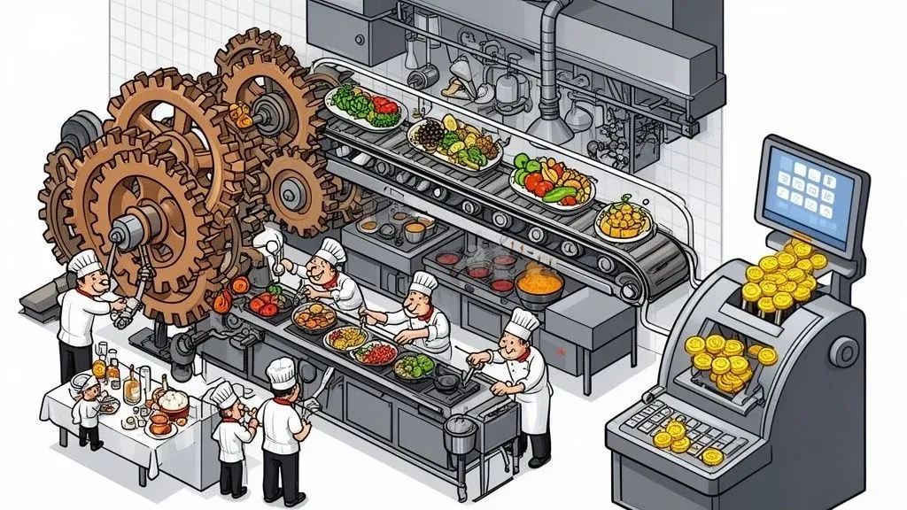 Isometric view of a restaurant Back of House showing kitchen line, prep stations, and storage areas.