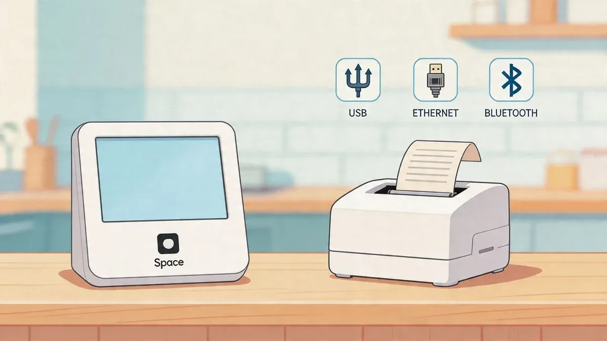 Square supported printers connected to POS devices showing USB, Ethernet, and Bluetooth setups.