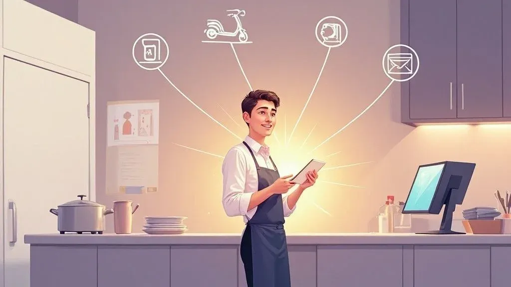 Chef using a tablet in a modern kitchen illustrating restaurant digital transformation and POS integration.