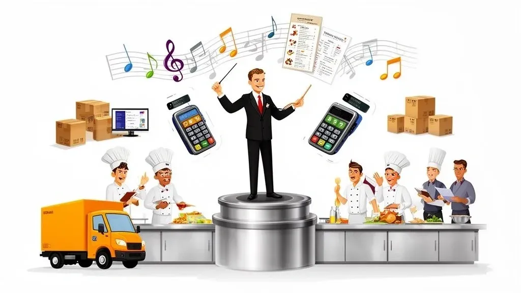Chefs as musicians illustrating modern food service management with POS integration.