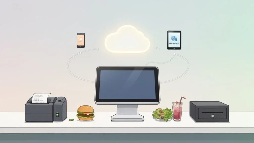 Modern POS system showing integrated restaurant operations and delivery management.