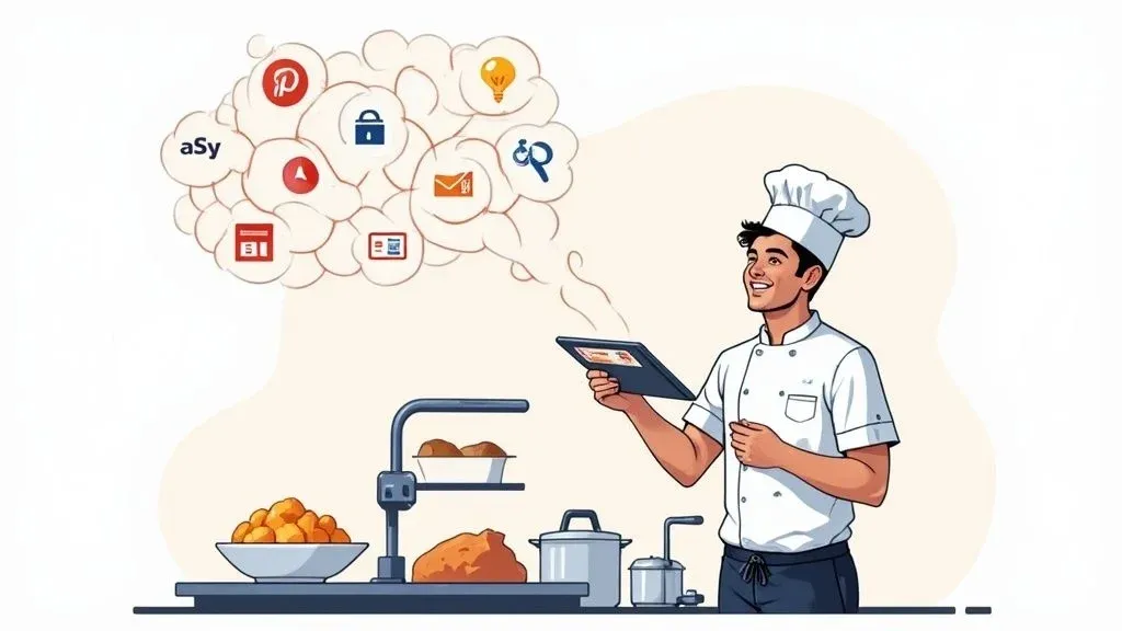 Restaurant manager using tablet showing SaaS software for restaurant operations and delivery integration.