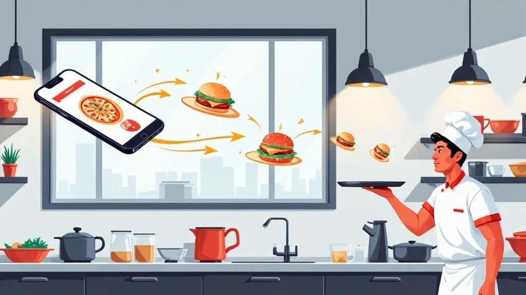 Delivery on demand concept showing courier, smartphone, and restaurant integration.