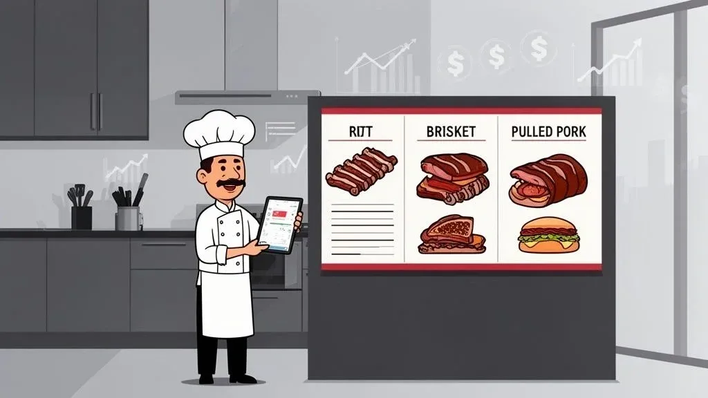 Bar BQ menu design strategy with brisket, pulled pork, and chicken icons for restaurant profitability.