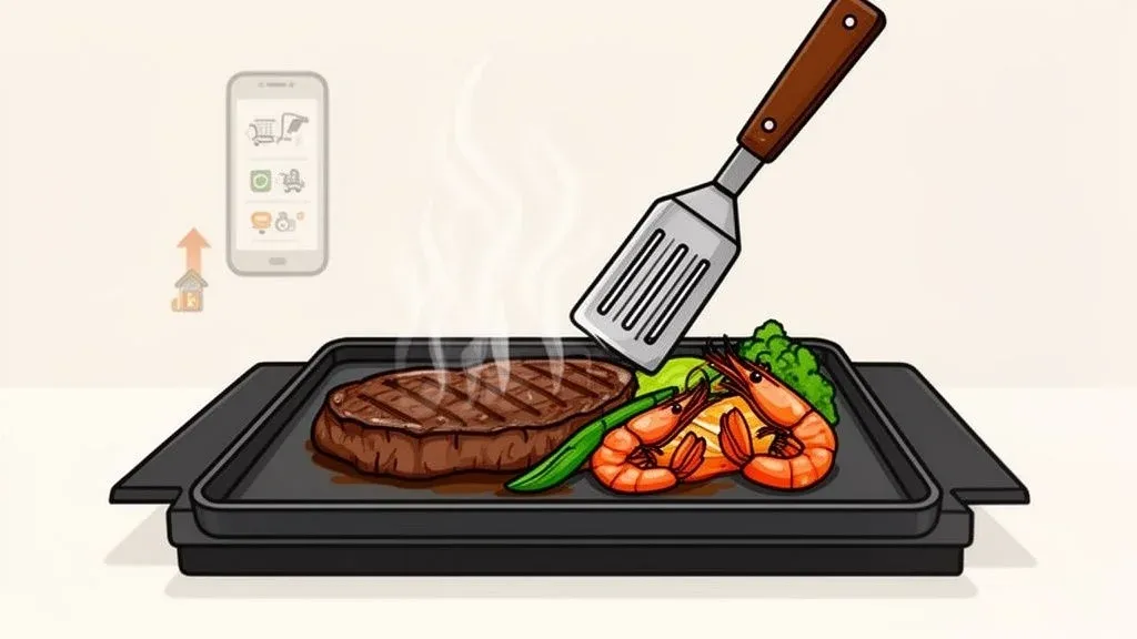 Electric tabletop grill with sizzling teppanyaki food ready for takeout.