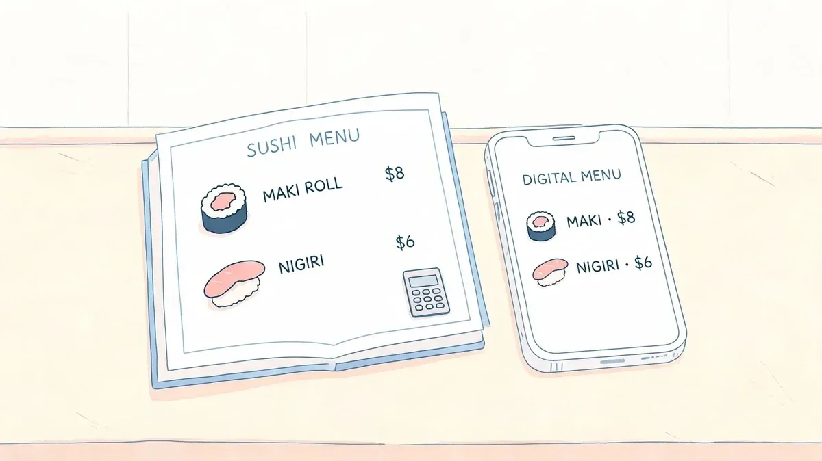 Comparison image showing a casual fast food sushi bar and a high-end omakase sushi restaurant menu.