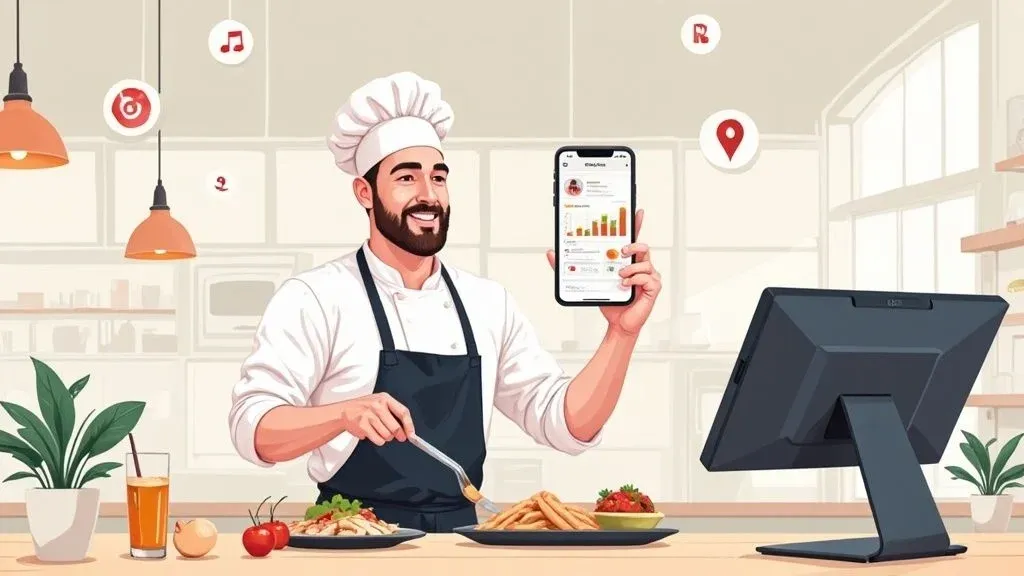 Infographic illustrating a modern restaurant marketing plan with POS integration and digital channels.