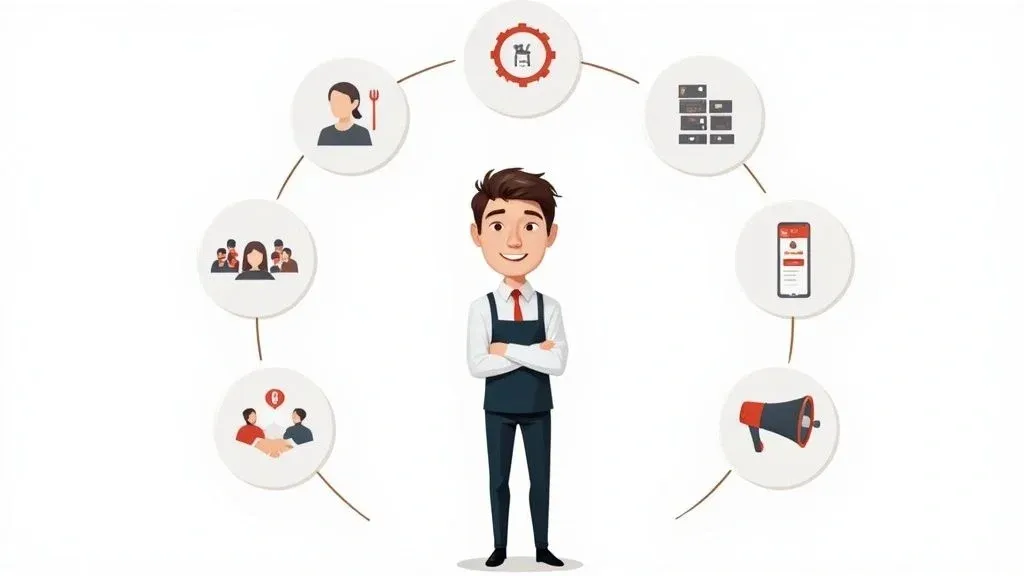 Restaurant manager overseeing staff recruitment, training, and restaurant operations in 2025.