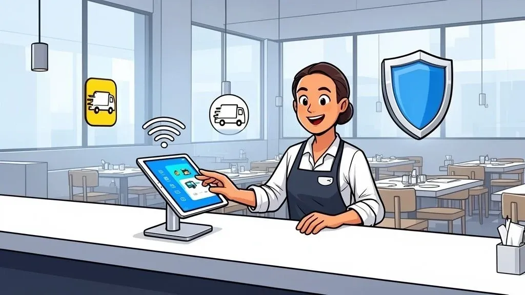 Smiling cashier using an iPad POS system in a restaurant for efficient service and delivery integration.