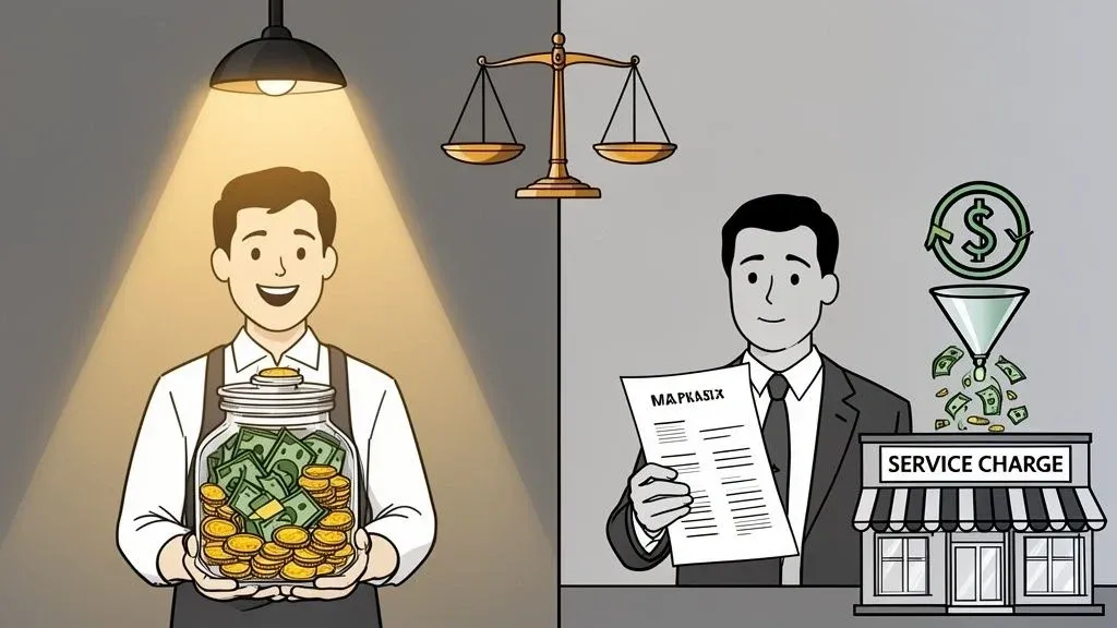 Service charge vs tip comparison diagram for restaurant financial management.