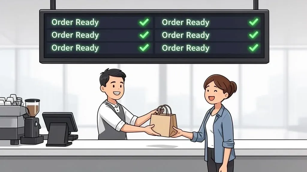 Order ready screen displaying real-time order status in a busy restaurant pickup area.