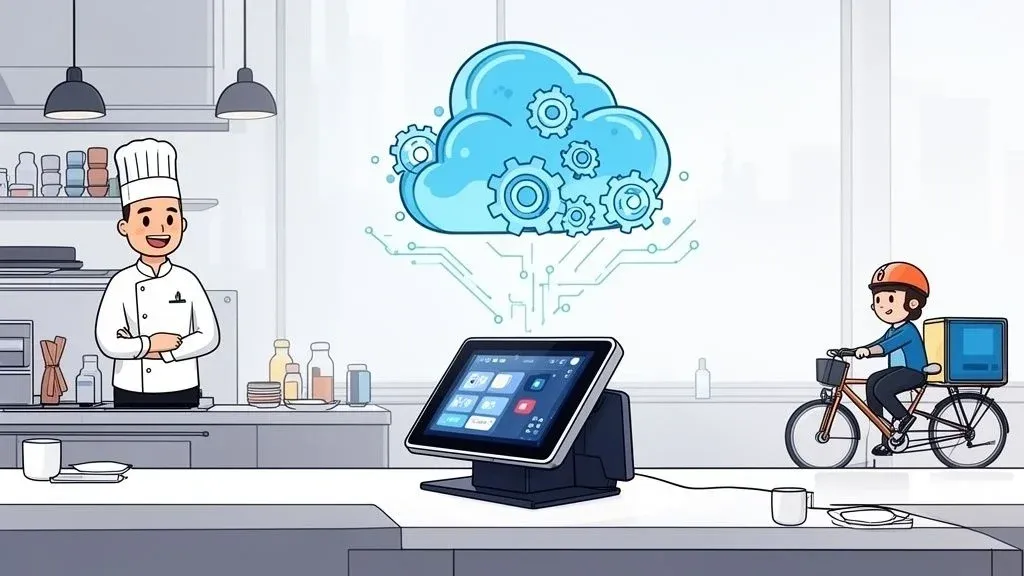 Modern restaurant POS system connecting orders, kitchen, delivery, and business reports.