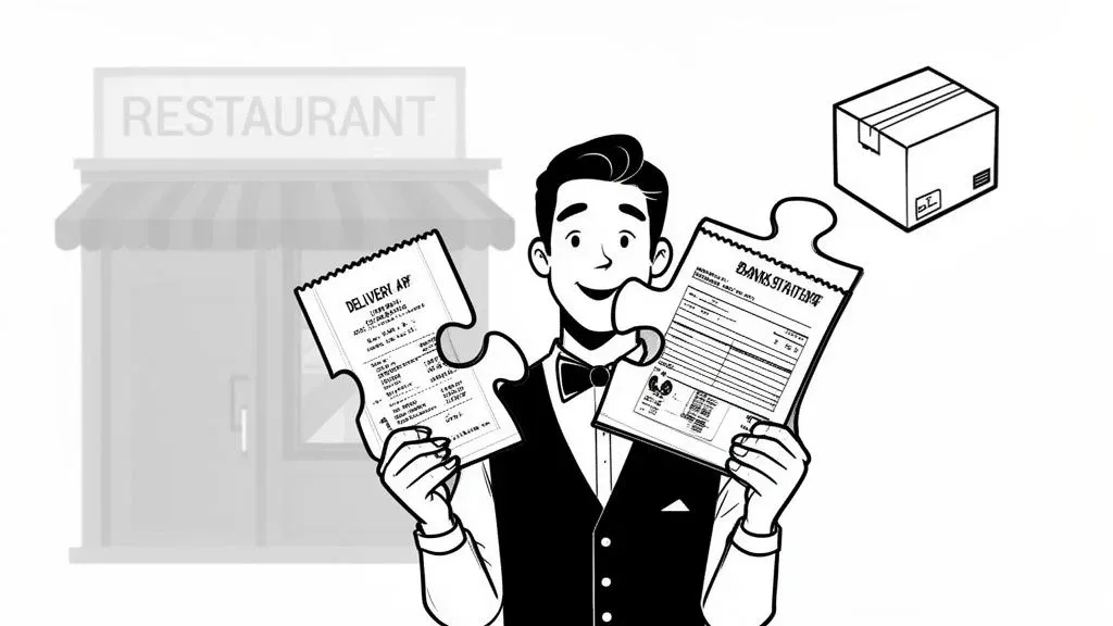 Illustration of restaurant reconciliation showing balancing delivery sales, POS data, and finances.